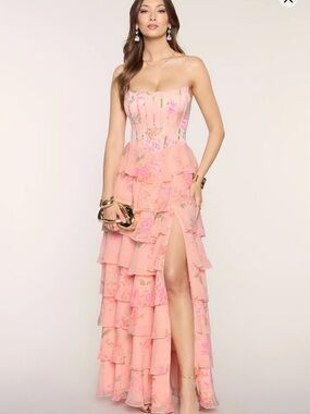 Windsor Peach Floral Strapless Tiered Ruffle Maxi Dress